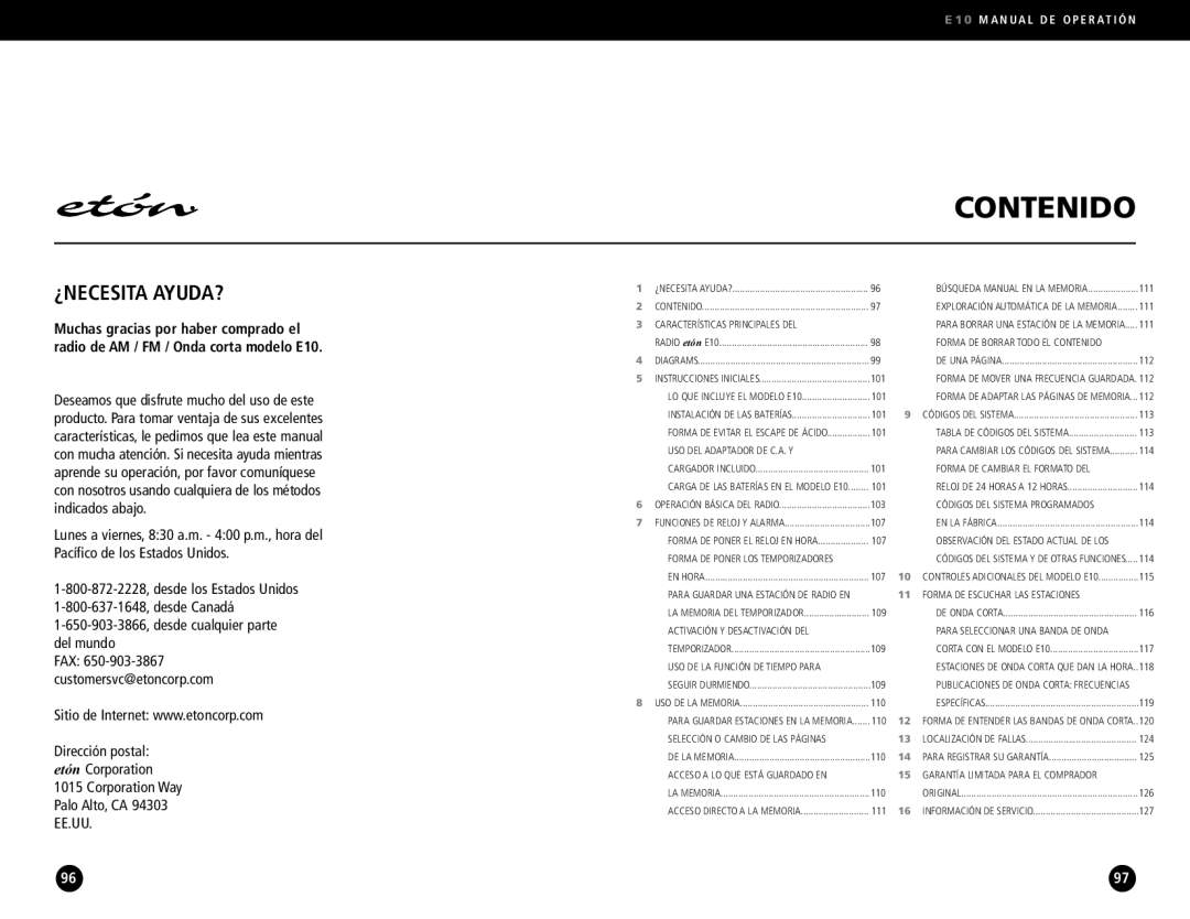 Eton E10 operation manual FAX 650-903-3867 customersvc@etoncorp.com, Direcciónetón postal Corporation 