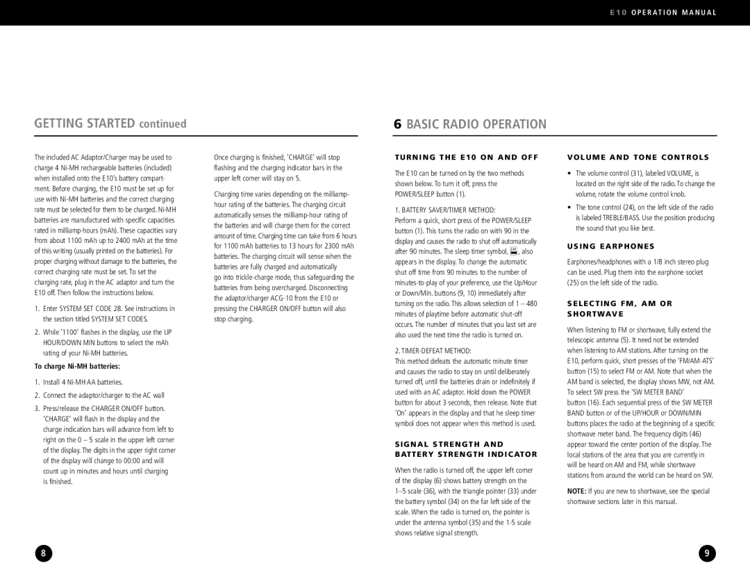 Eton E10 operation manual Getting Started, Basic Radio Operation 