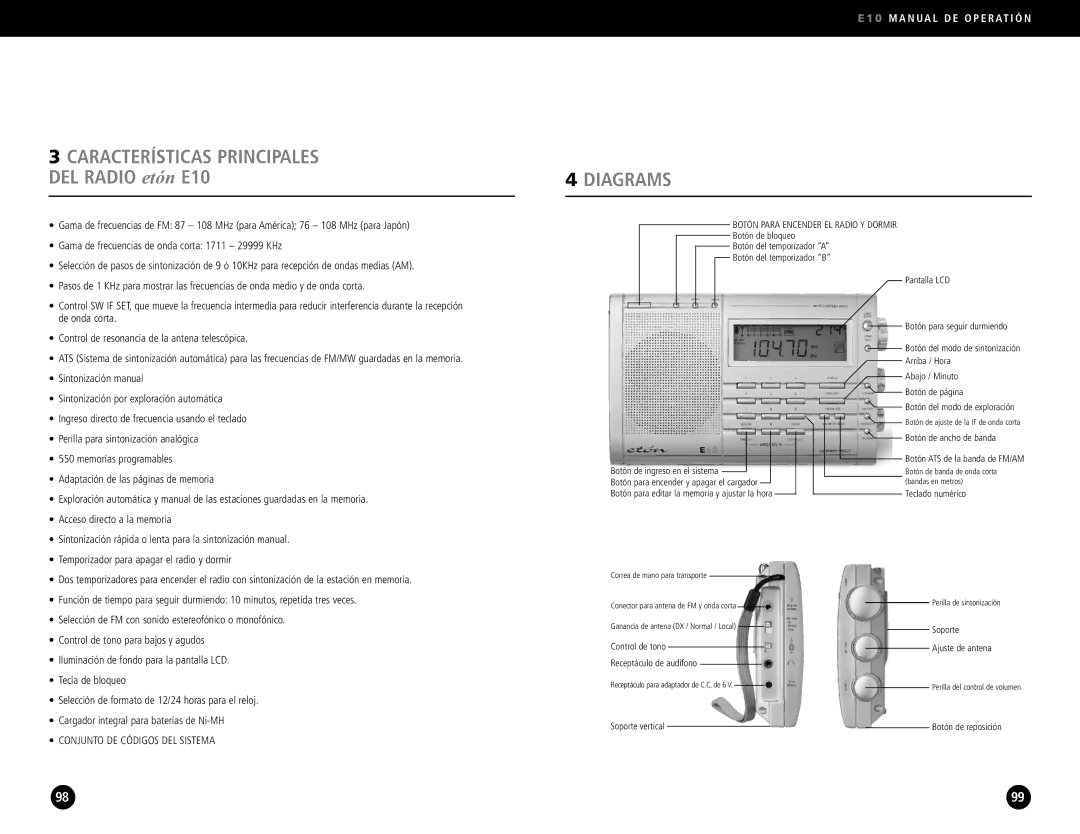 Eton operation manual CARACTERÍSTICASetón Principales, DEL Radio E10 