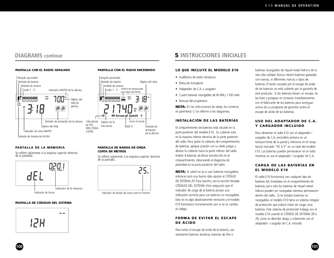 Eton E10 operation manual Instrucciones Iniciales 