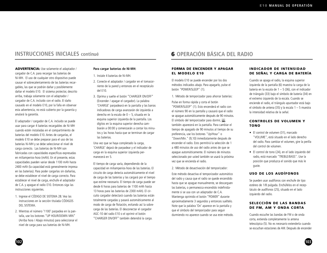 Eton E10 operation manual Instrucciones Iniciales continué, Operación Básica DEL Radio 