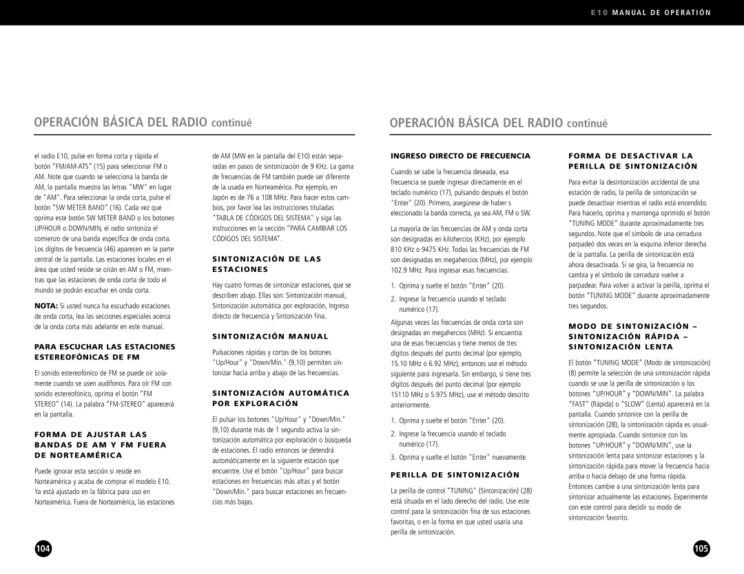 Eton E10 operation manual Operación Básica DEL Radio continué 