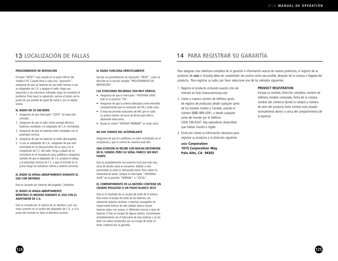 Eton E10 operation manual Localización DE Fallas Para Registrar SU Garantía, Llame a nuestro número de teléfono gratis 