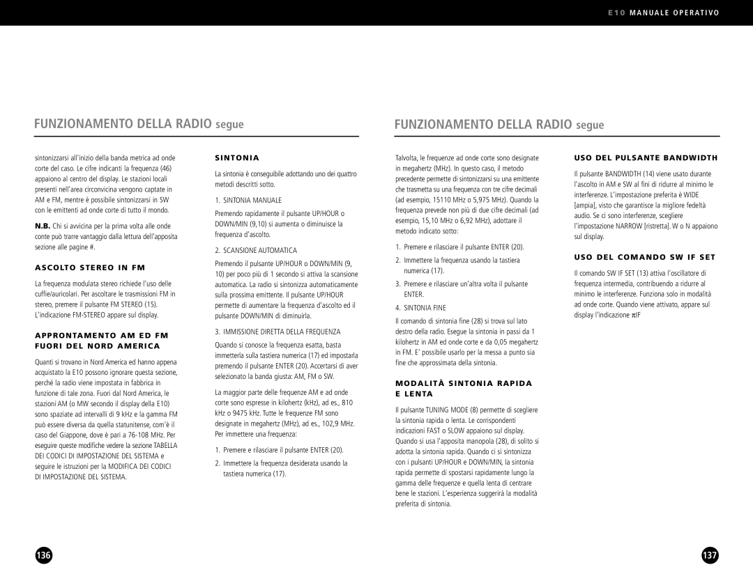 Eton E10 operation manual Funzionamento Della Radio segue 