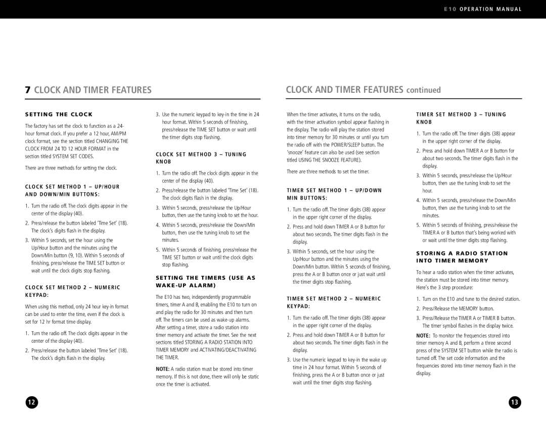 Eton E10 operation manual Clock and Timer Features 