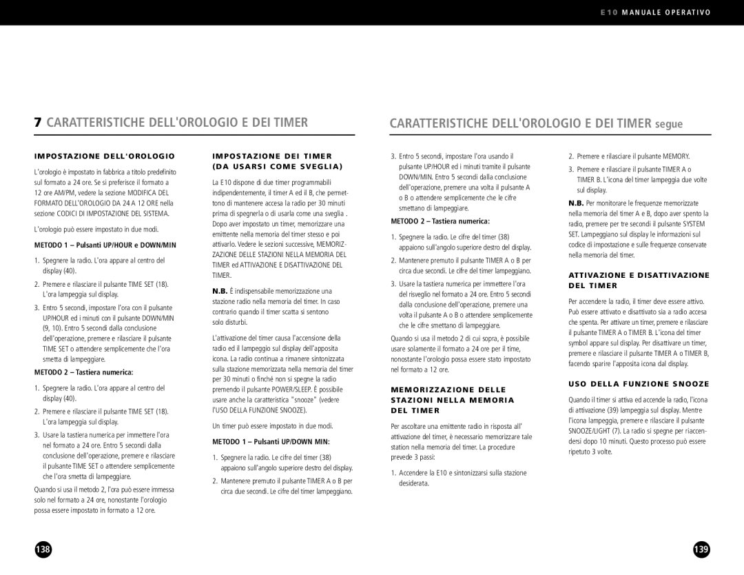 Eton E10 operation manual Caratteristiche Dellorologio E DEI Timer 
