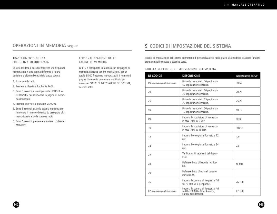 Eton E10 operation manual Codici DI Impostazione DEL Sistema, Trasferimento DI UNA Frequenza Memorizzata, Lcd 