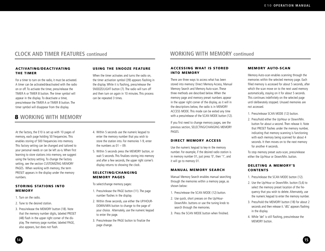 Eton E10 operation manual Clock and Timer Features Working with Memory 