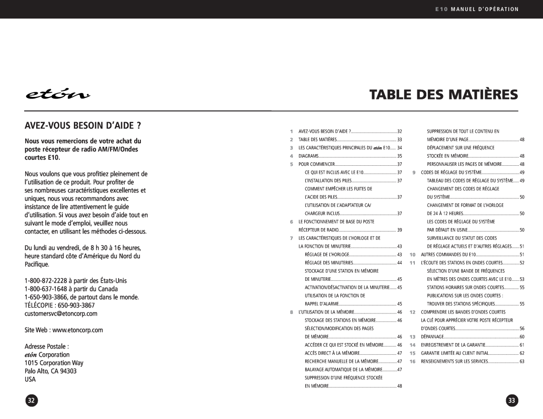 Eton E10 operation manual Table Des Matières, Avez-Vousbesoin D’Aide ?, Corporation 1015 Corporation Way Palo Alto, CA 