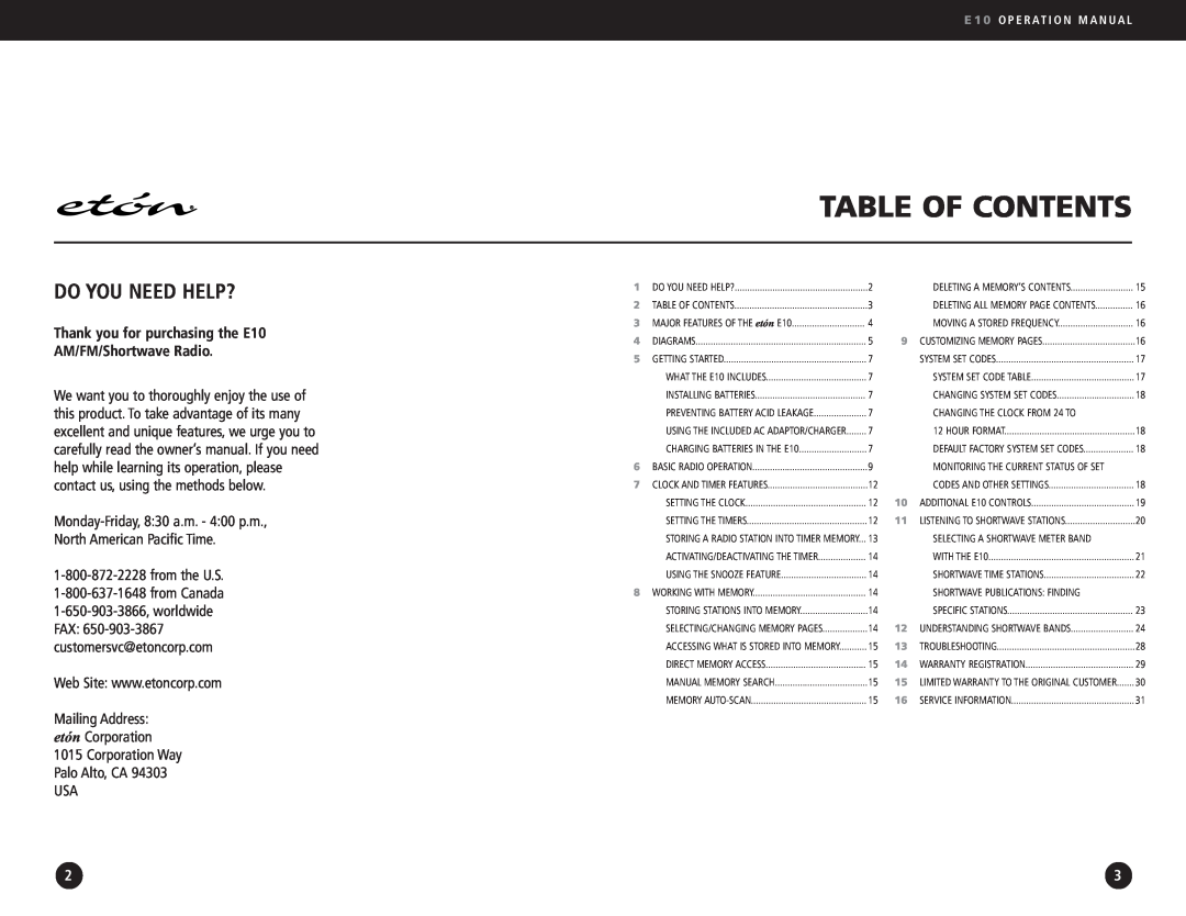 Eton E10 Table Of Contents, Do You Need Help?, Mailingetón Address Corporation, Corporation Way Palo Alto, CA USA 