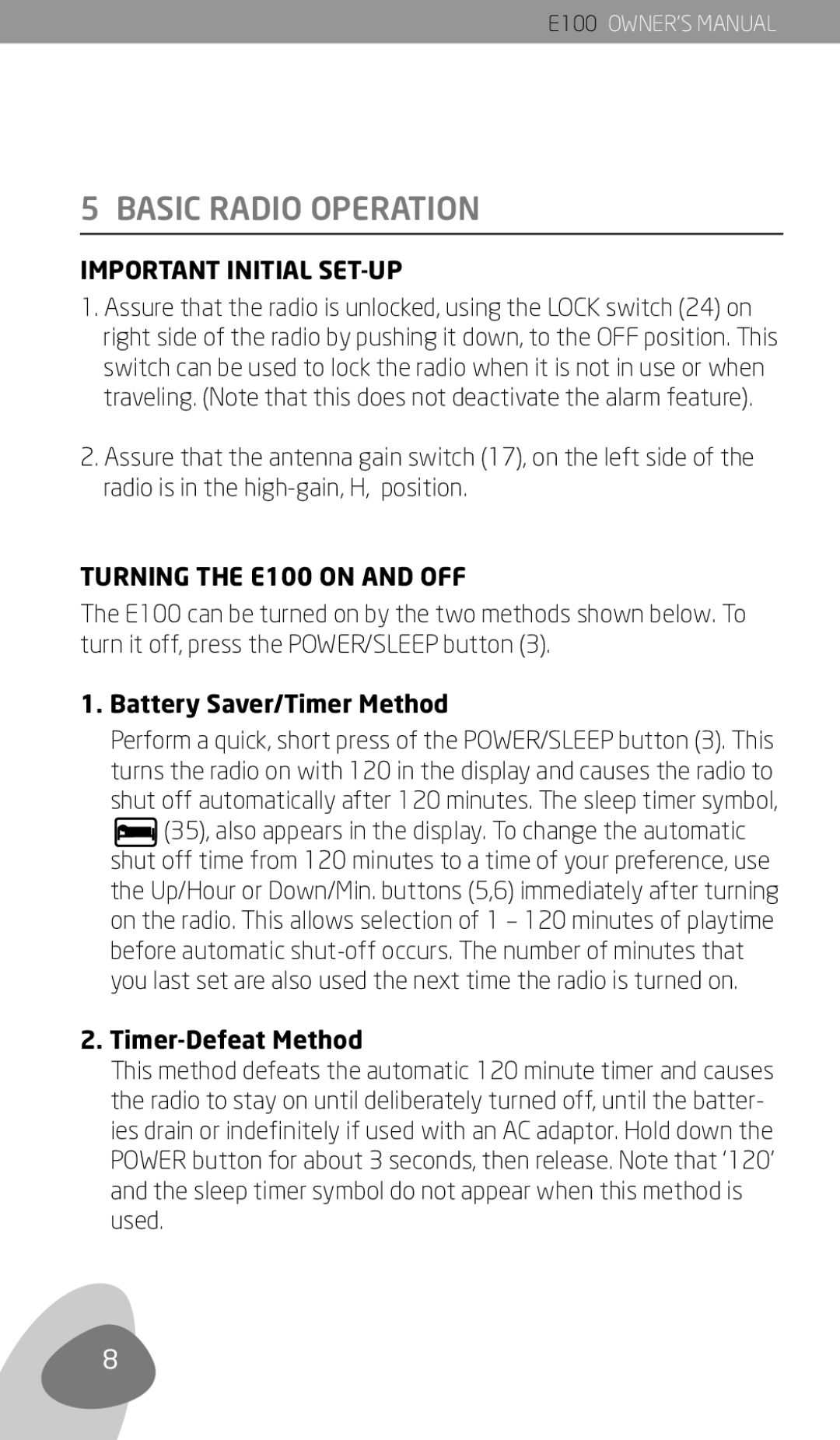 Eton Basic Radio Operation, Important Initial SET-UP, Turning the E100 on and OFF, Battery Saver/Timer Method 