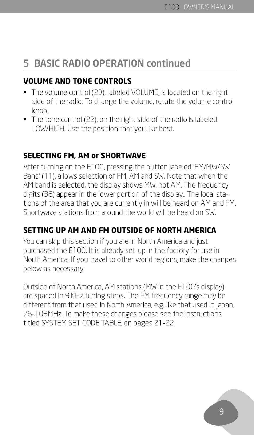 Eton E100 owner manual Basic Radio Operation, Volume and Tone Controls, Selecting FM, AM or Shortwave 