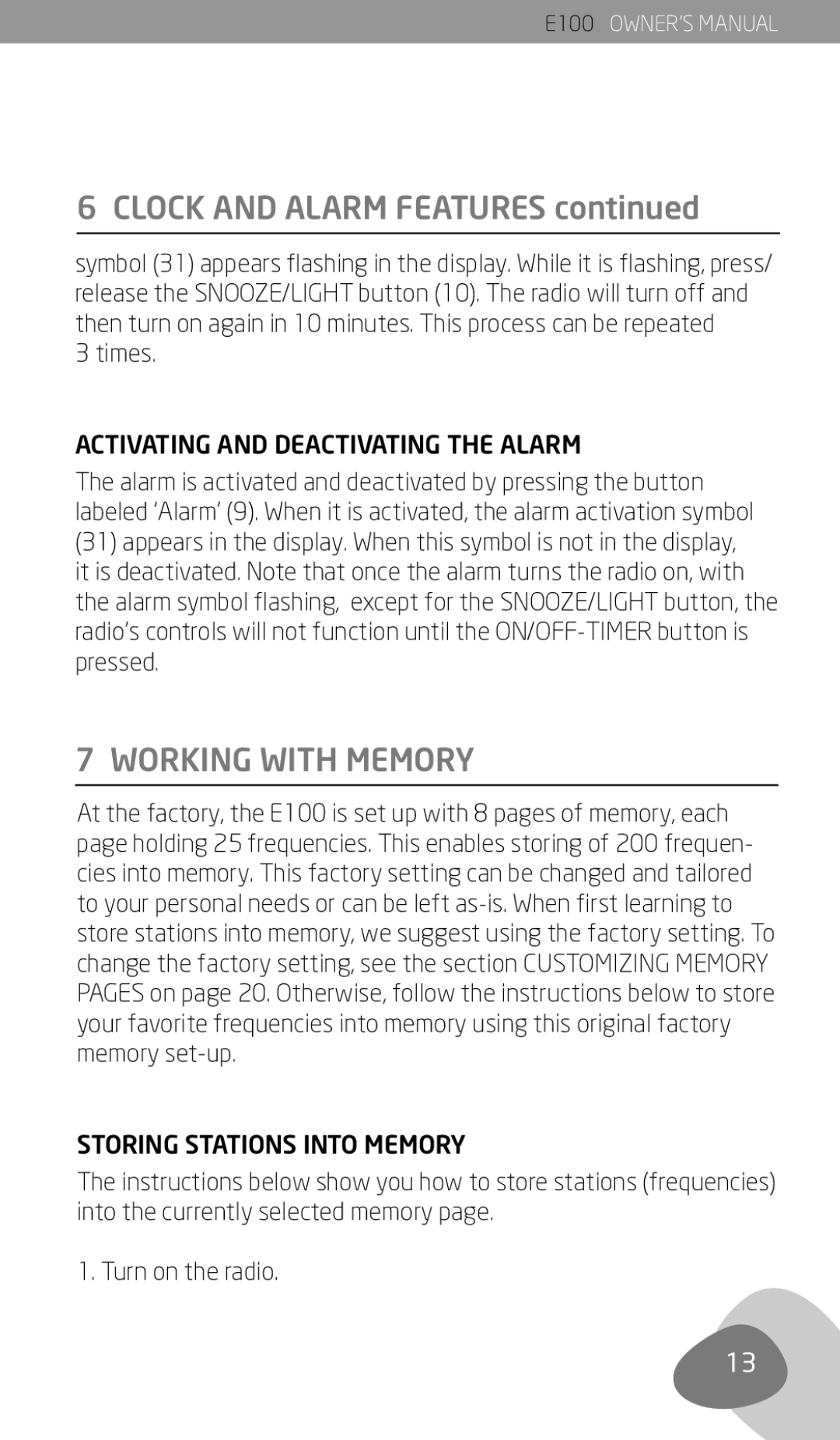 Eton E100 owner manual Working with Memory, Activating and Deactivating the Alarm, Storing Stations Into Memory 