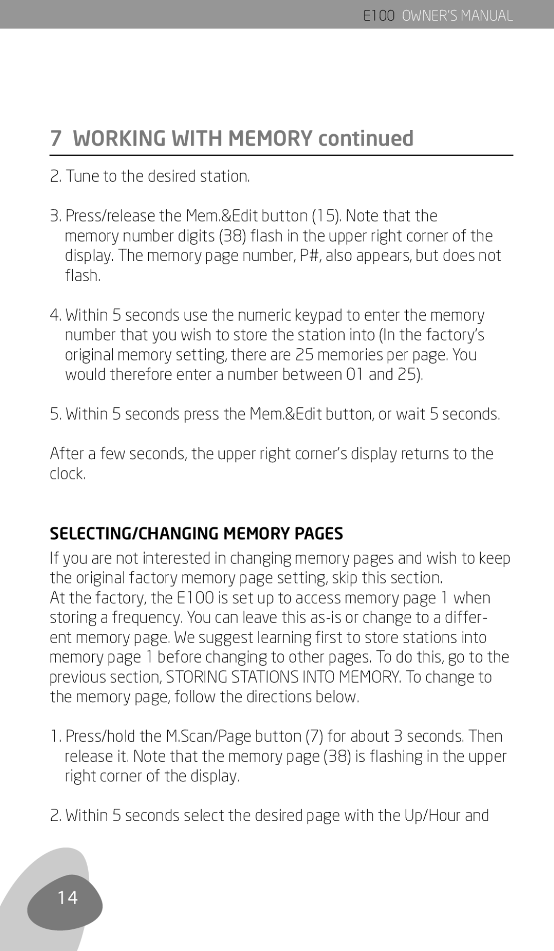 Eton E100 owner manual Working with Memory, SELECTING/CHANGING Memory Pages 