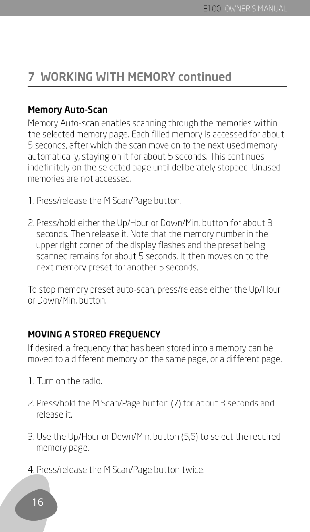 Eton E100 owner manual Memory Auto-Scan, Moving a Stored Frequency 