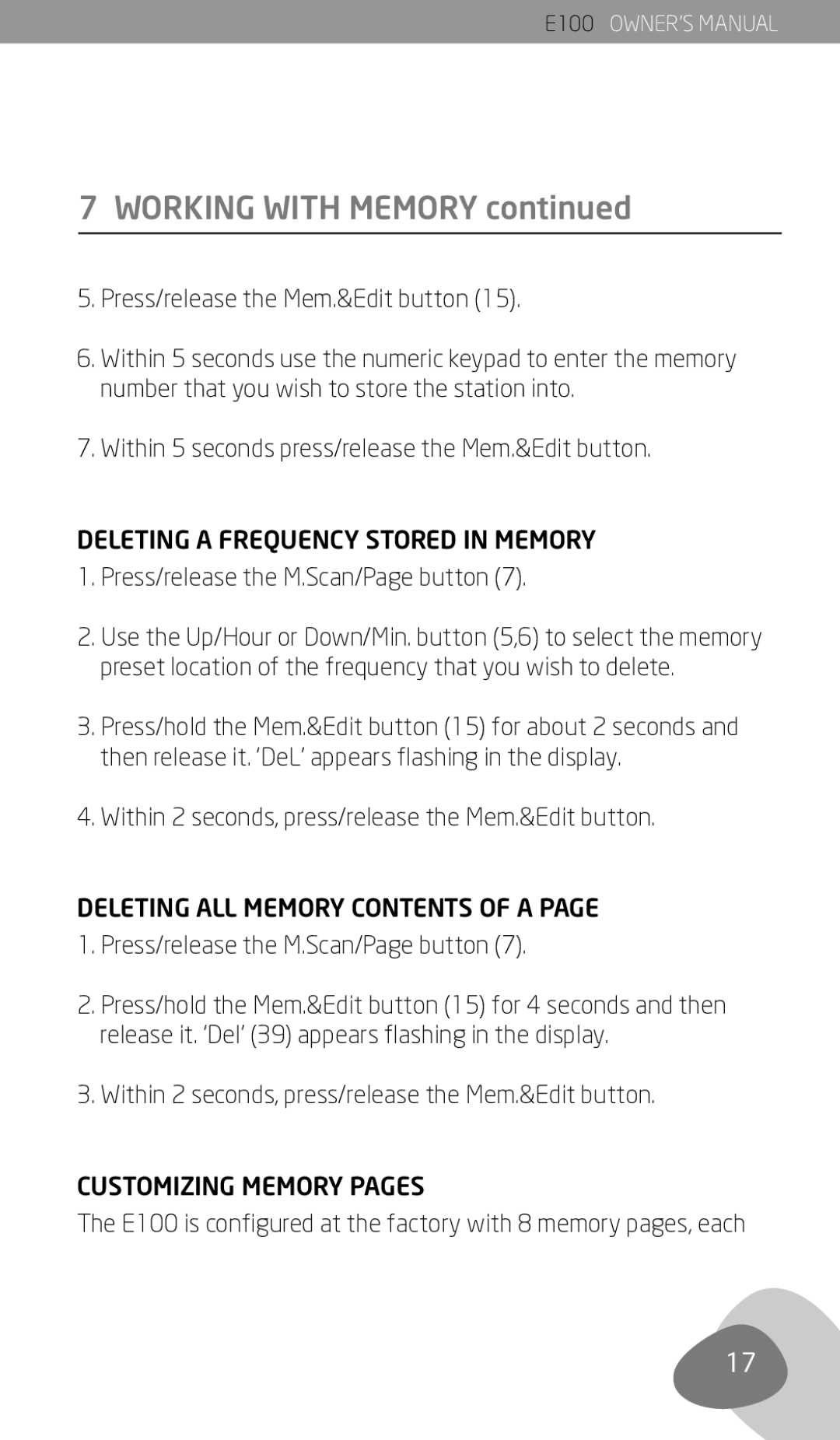 Eton E100 owner manual Deleting a Frequency Stored in Memory, Deleting ALL Memory Contents of a, Customizing Memory Pages 