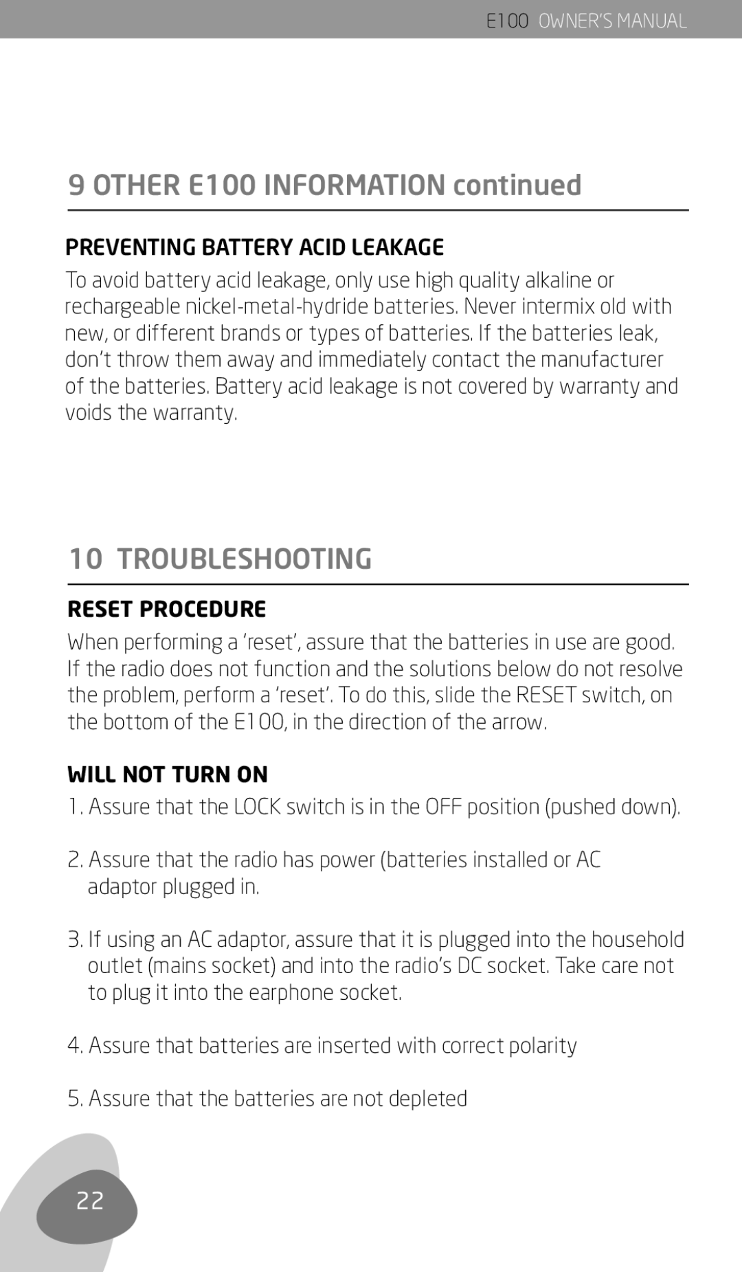 Eton Other E100 Information, Troubleshooting, Preventing Battery Acid Leakage, Reset Procedure, Will not Turn on 