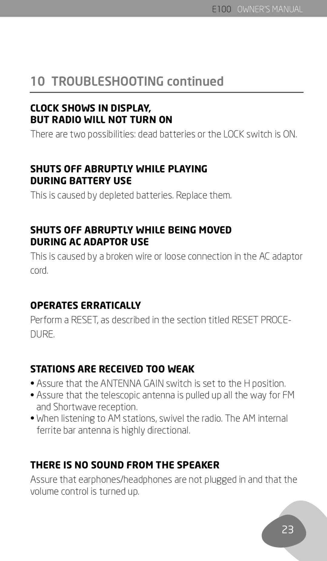 Eton E100 owner manual Troubleshooting 