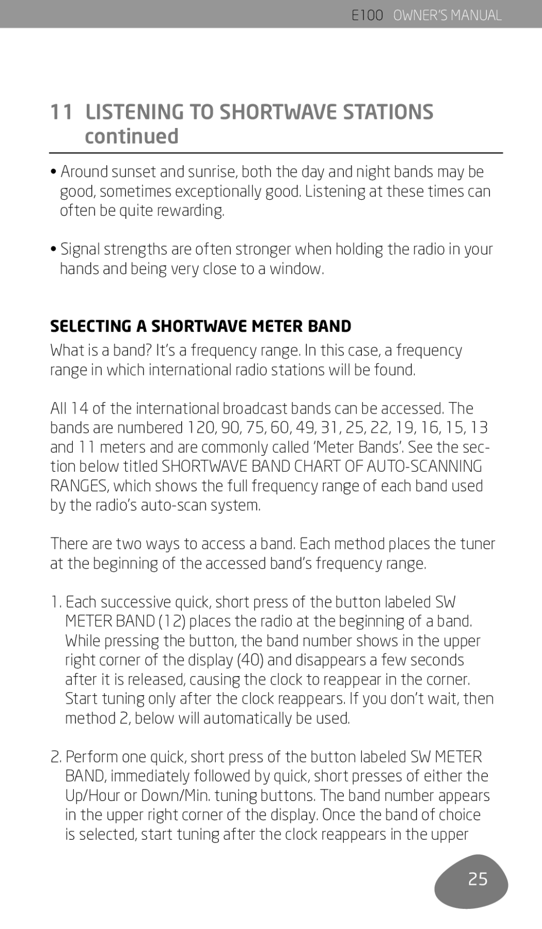 Eton E100 owner manual Listening to Shortwave Stations, Selecting a Shortwave Meter Band 