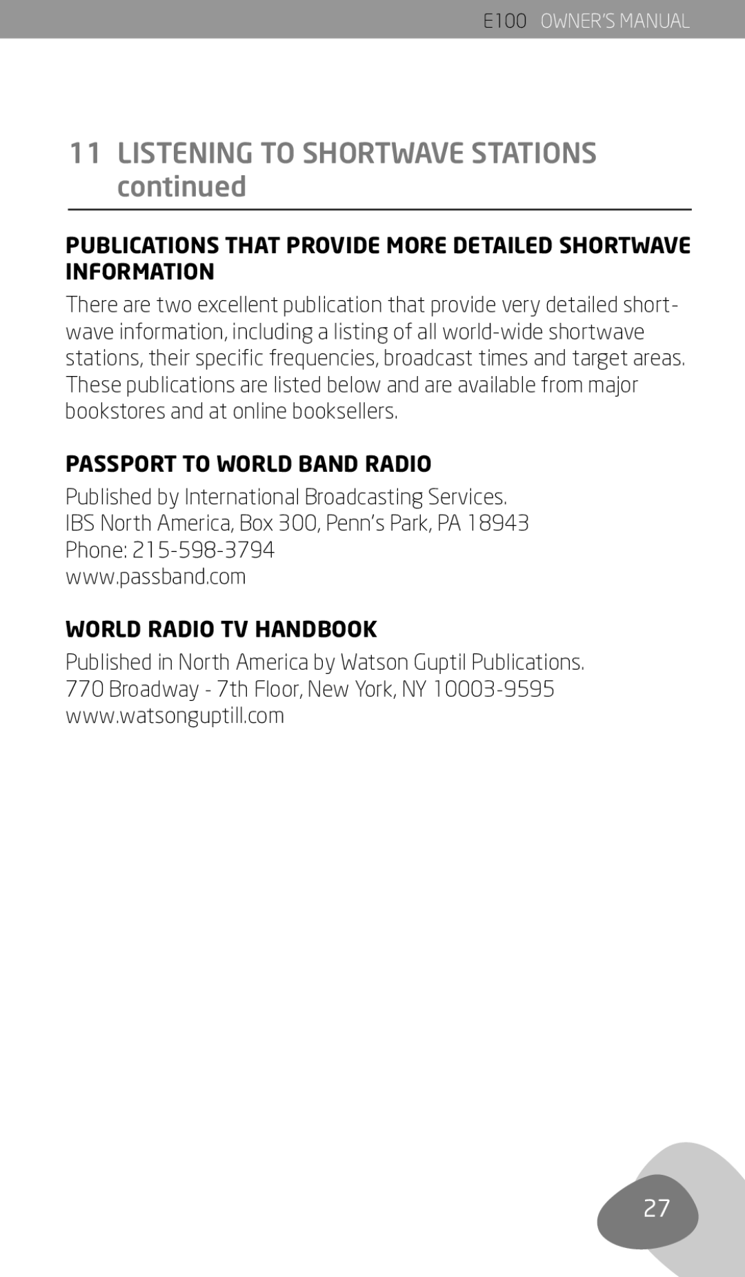 Eton E100 owner manual Passport to World Band Radio, World Radio TV Handbook 