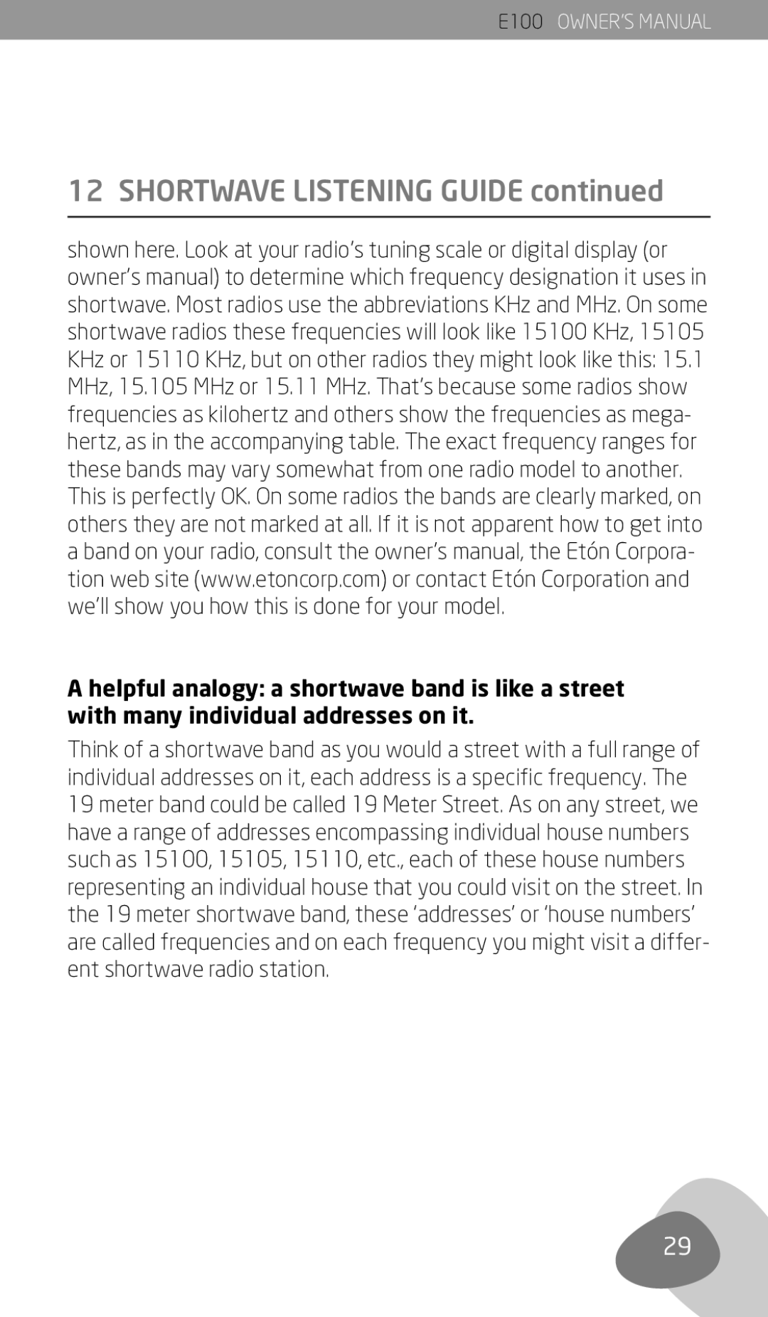 Eton E100 owner manual Shortwave Listening Guide 