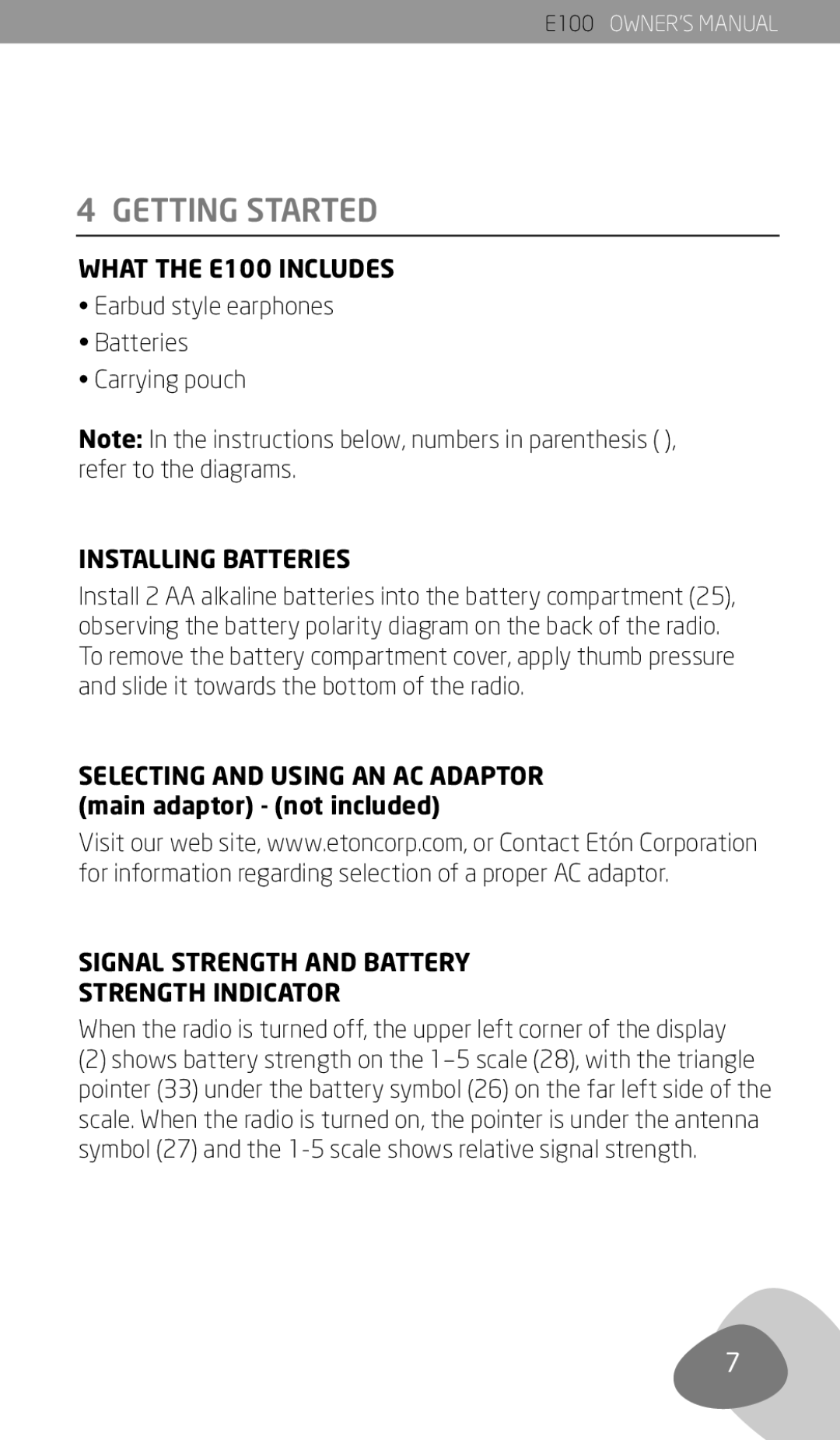 Eton Getting Started, What the E100 Includes, Installing Batteries, Signal Strength and Battery Strength Indicator 