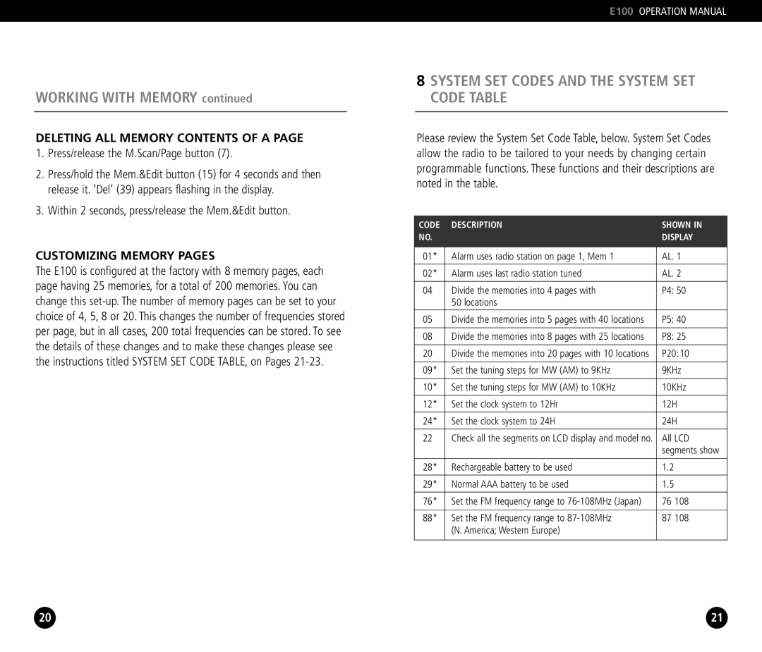 Eton E100 System SET Codes and the System SET Code Table, Deleting ALL Memory Contents of a, Customizing Memory Pages 