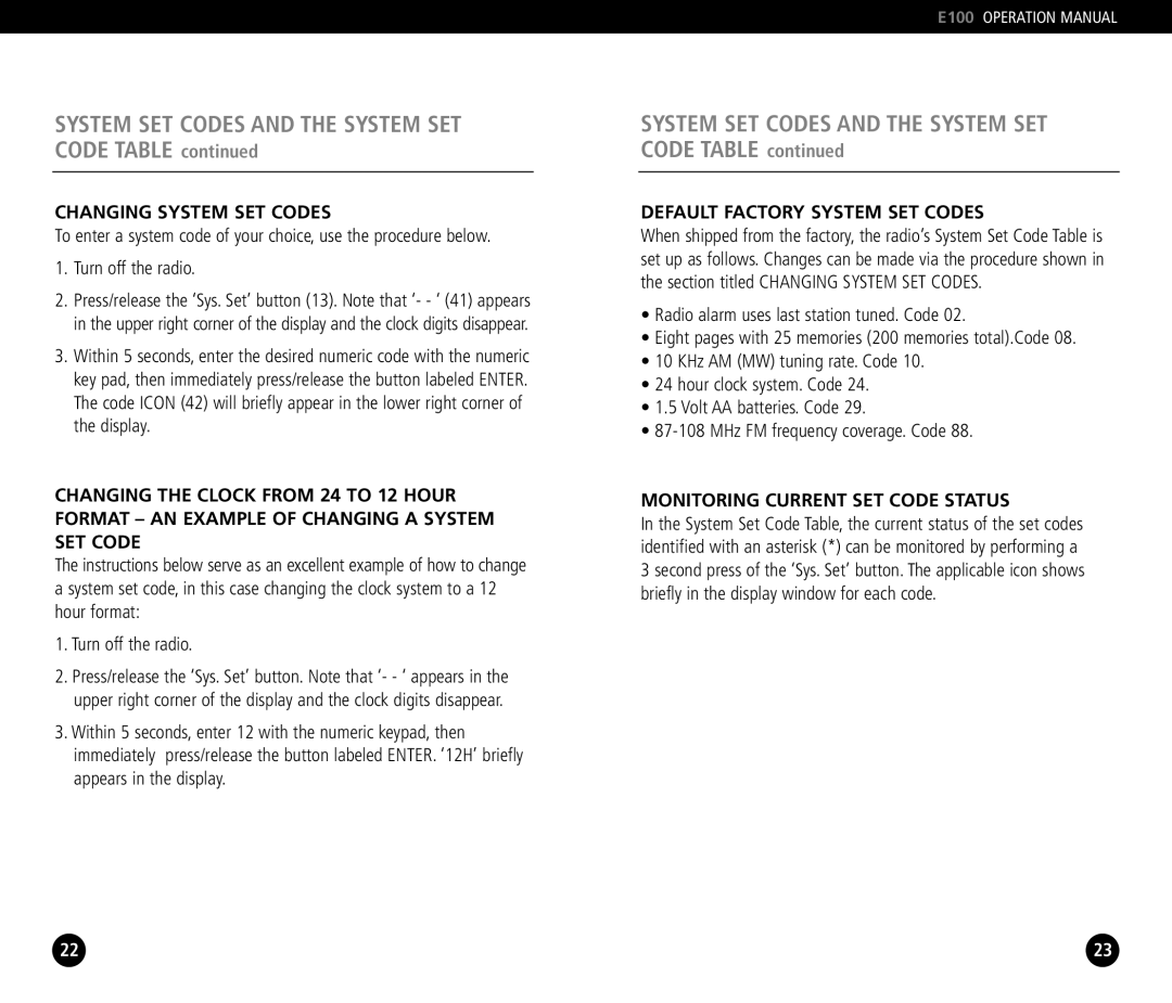 Eton E100 System SET Codes and the System SET Code Table, Changing System SET Codes, Default Factory System SET Codes 