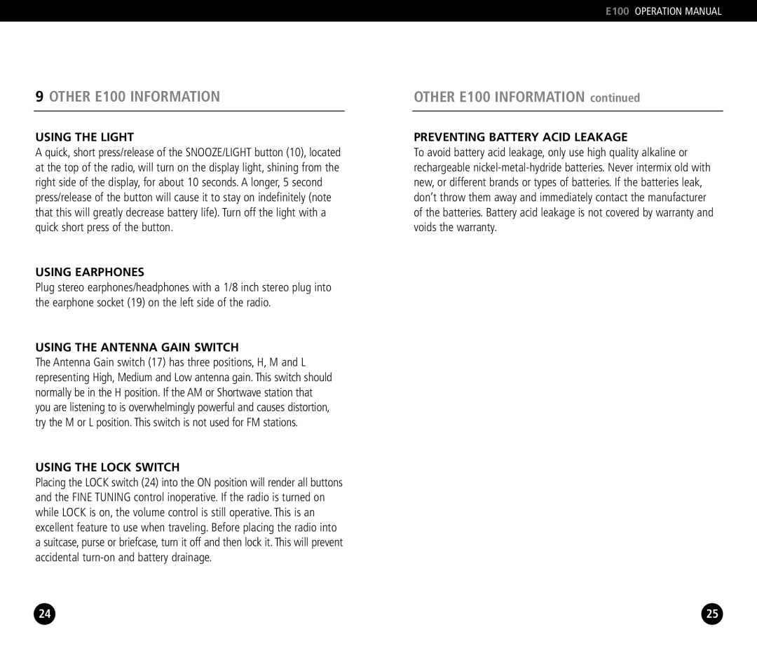 Eton operation manual Other E100 Information 