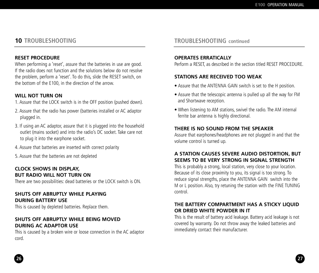 Eton E100 operation manual Troubleshooting 