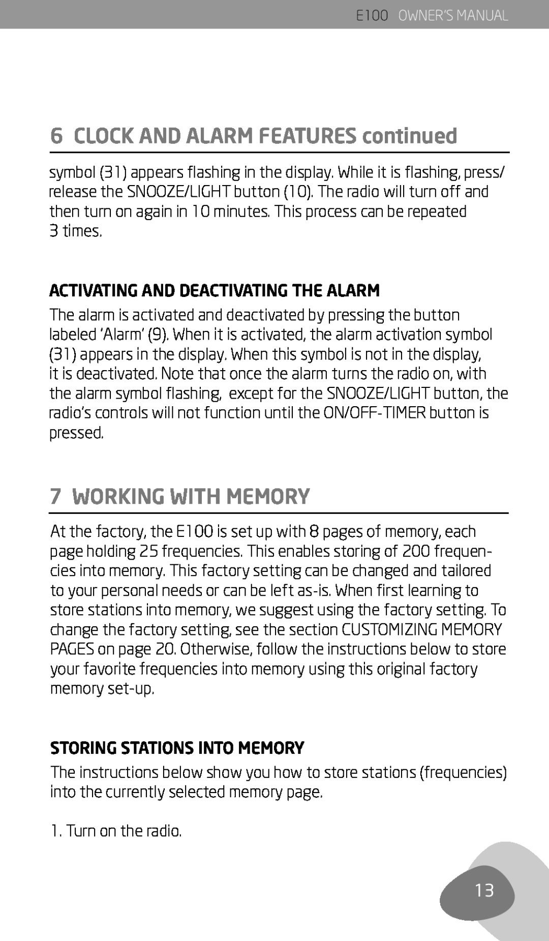 Eton E100 owner manual Working With Memory, CLOCK AND ALARM FEATURES continued 