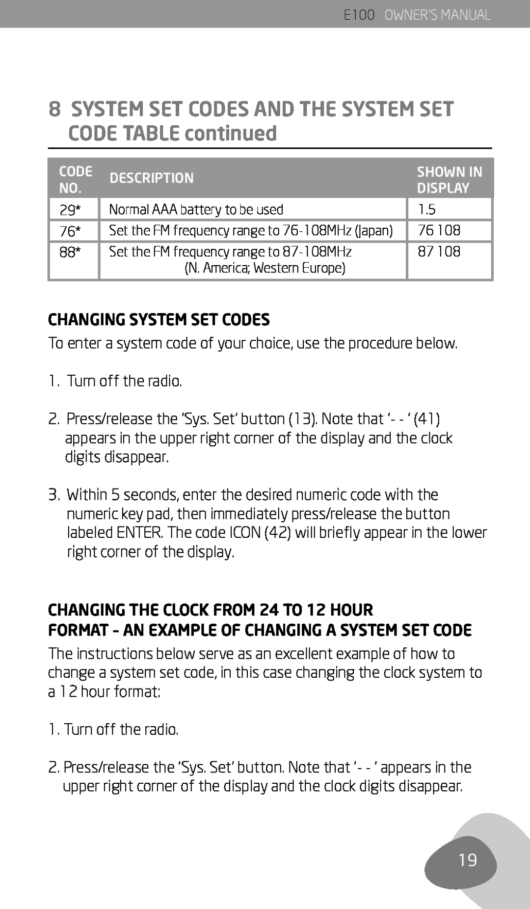 Eton E100 owner manual Changing System Set Codes 