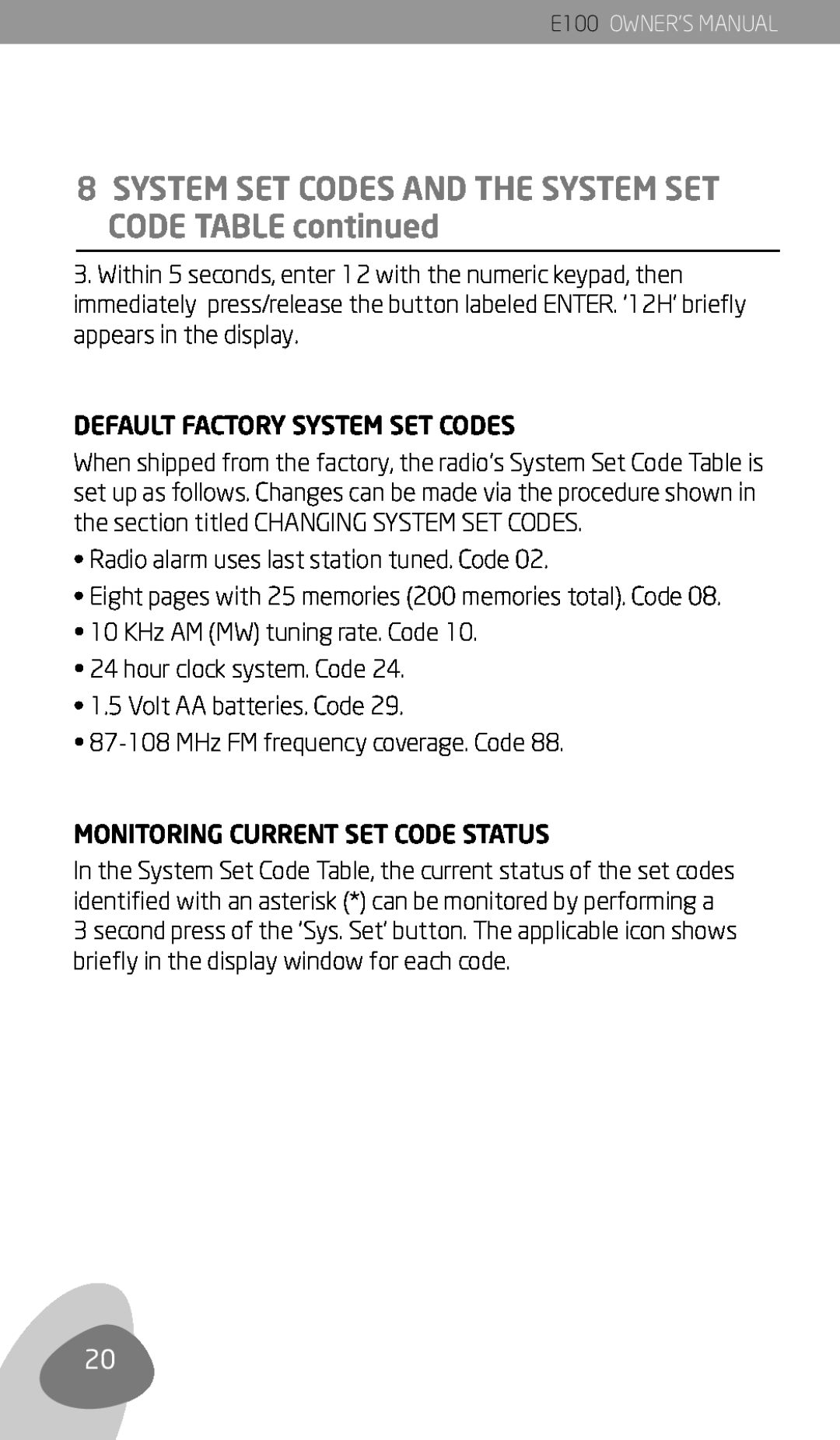 Eton E100 owner manual Default Factory System Set Codes 