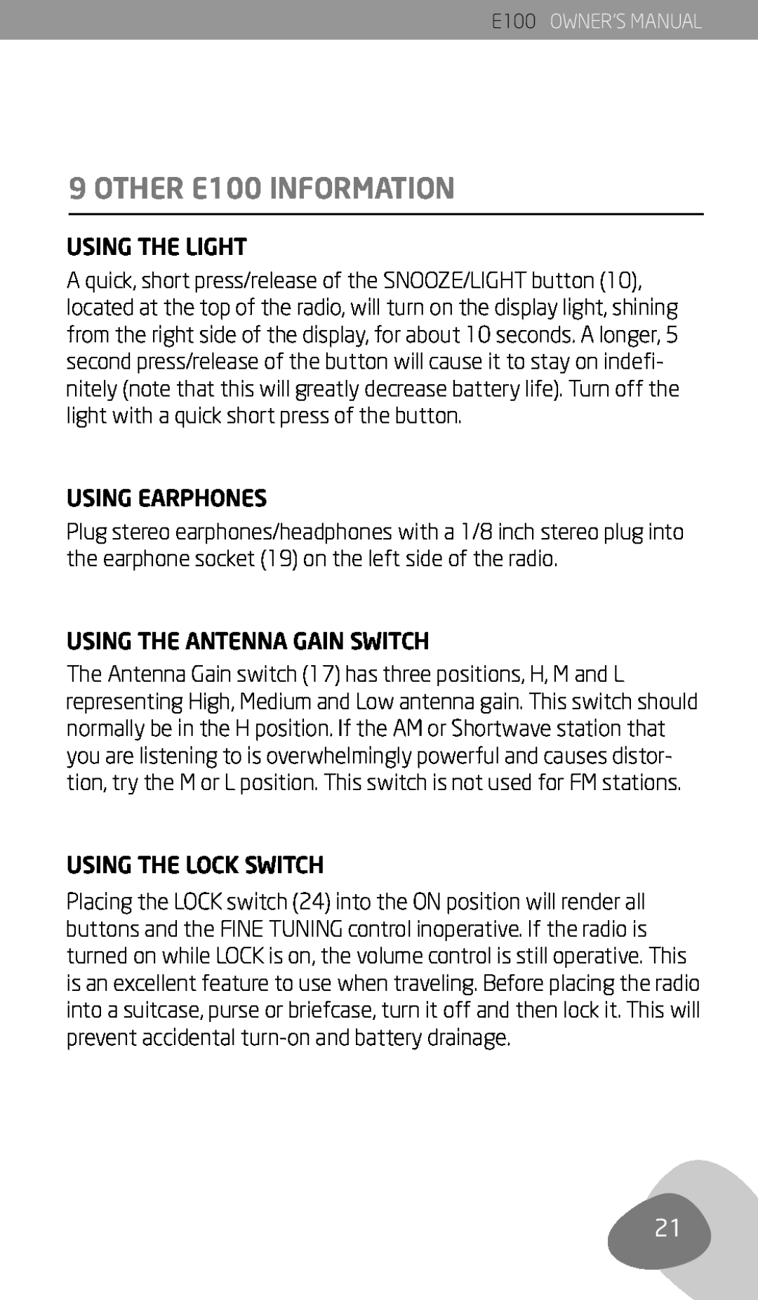 Eton OTHER E100 INFORMATION, Using The Light, Using Earphones, Using The Antenna Gain Switch, Using The Lock Switch 