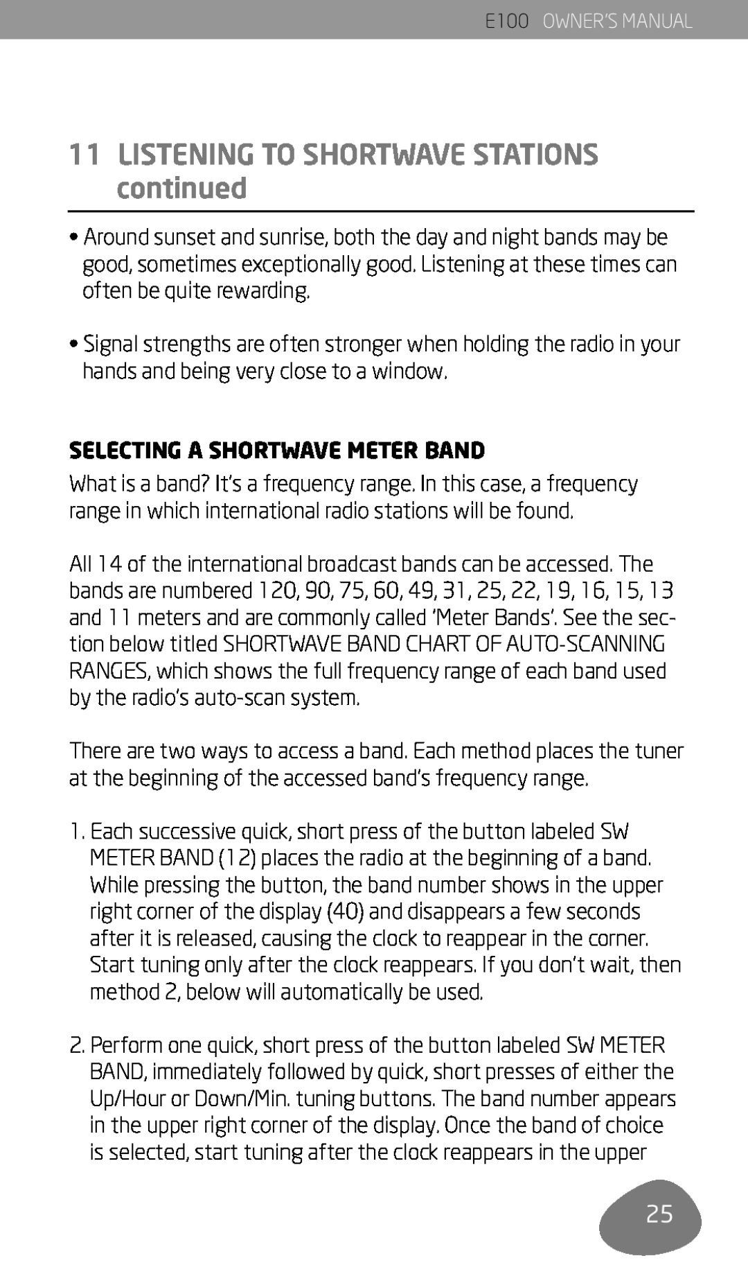 Eton E100 owner manual 11LISTENING TO SHORTWAVE STATIONS continued, Selecting A Shortwave Meter Band 