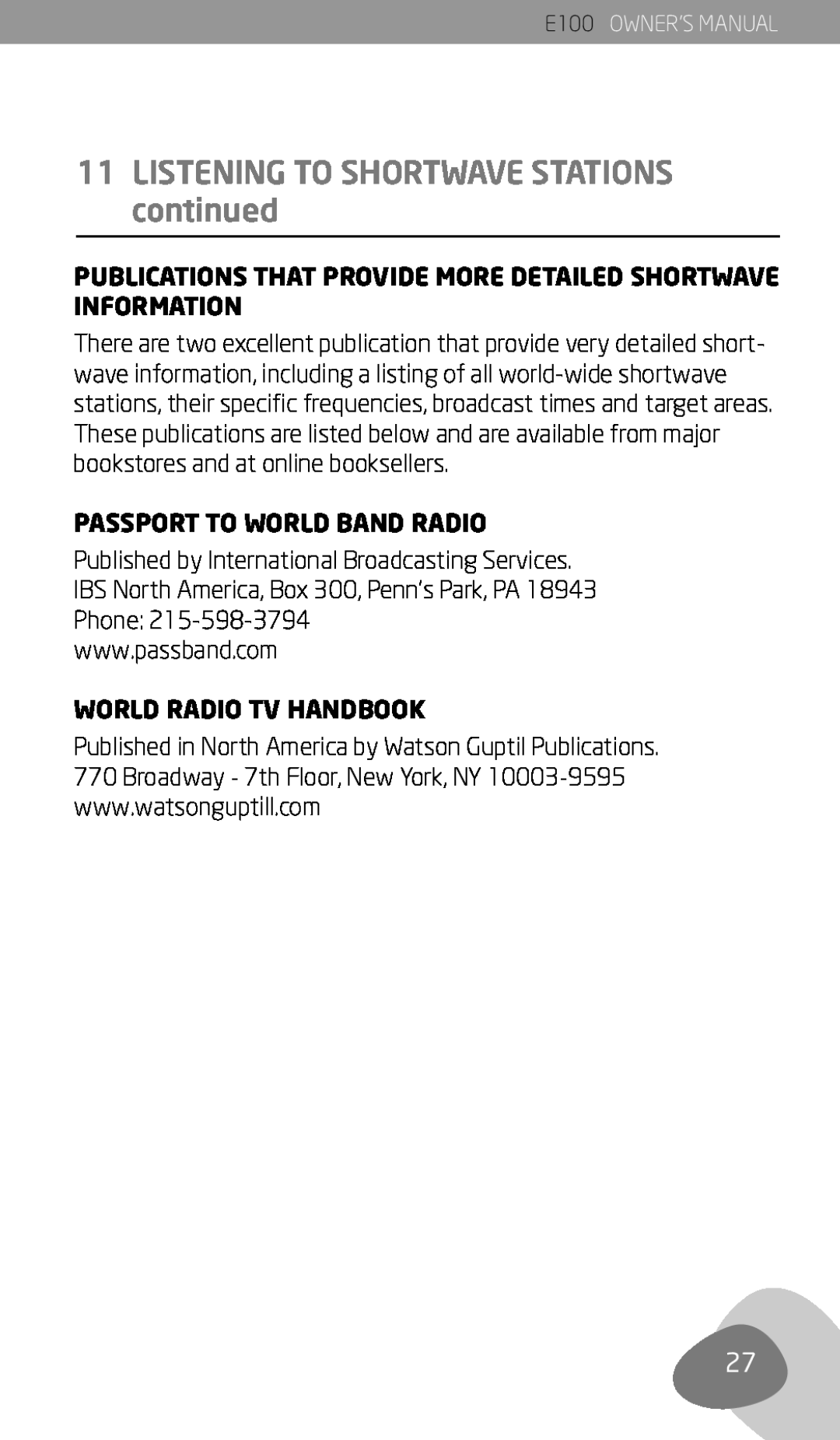 Eton E100 owner manual Passport To World Band Radio, World Radio Tv Handbook, 11LISTENING TO SHORTWAVE STATIONS continued 