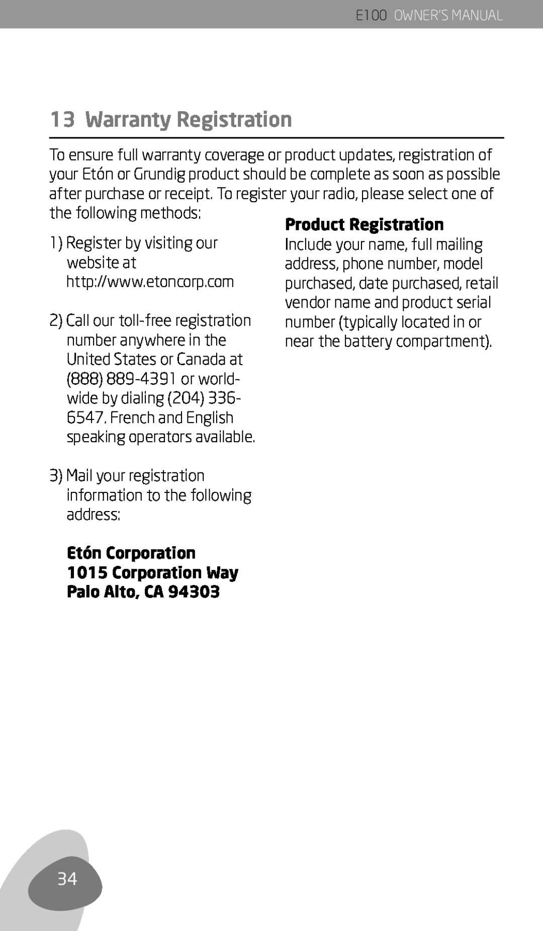 Eton E100 owner manual Warranty Registration, Etón Corporation, Corporation Way Palo Alto, CA 