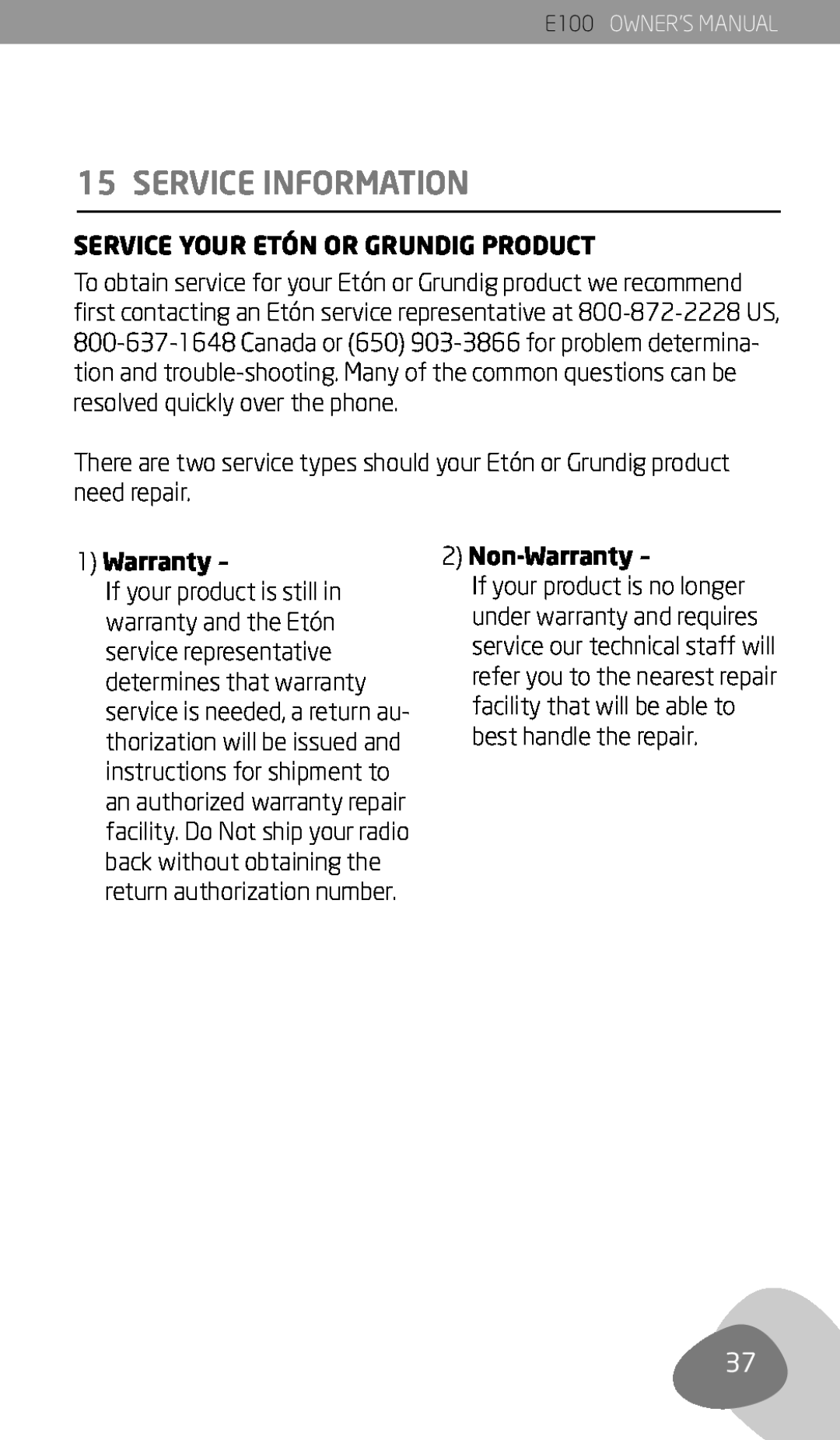 Eton E100 owner manual Service Information, Service Your Etón Or Grundig Product, 1Warranty, 2Non-Warranty 