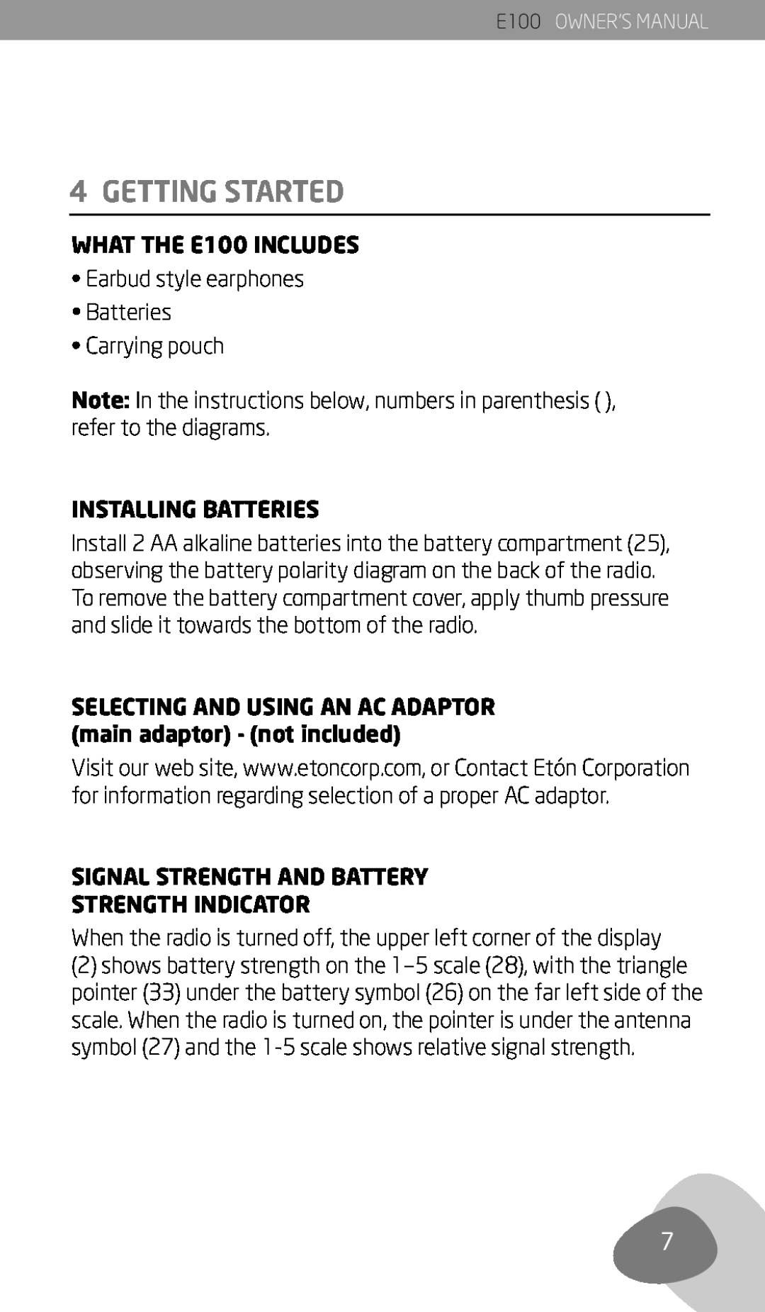 Eton Getting Started, WHAT THE E100 INCLUDES, Installing Batteries, Signal Strength And Battery Strength Indicator 