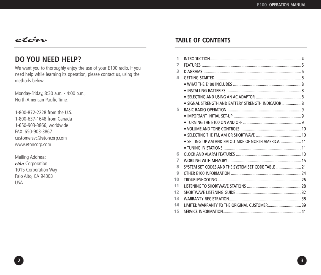 Eton E100 operation manual Do You Need Help?, Table Of Contents 