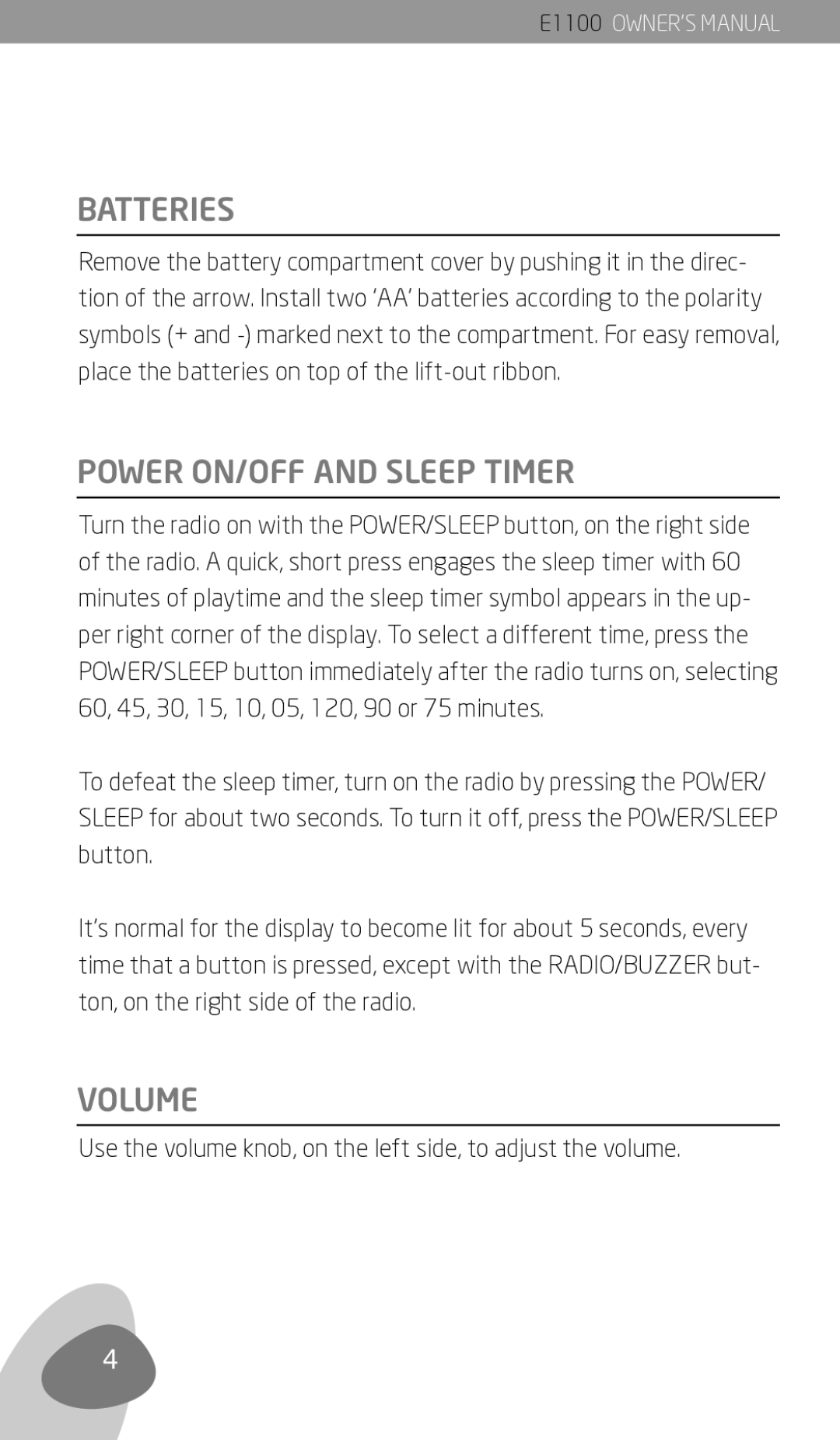 Eton E1100 owner manual Batteries, Power ON/OFF and Sleep Timer, Volume 