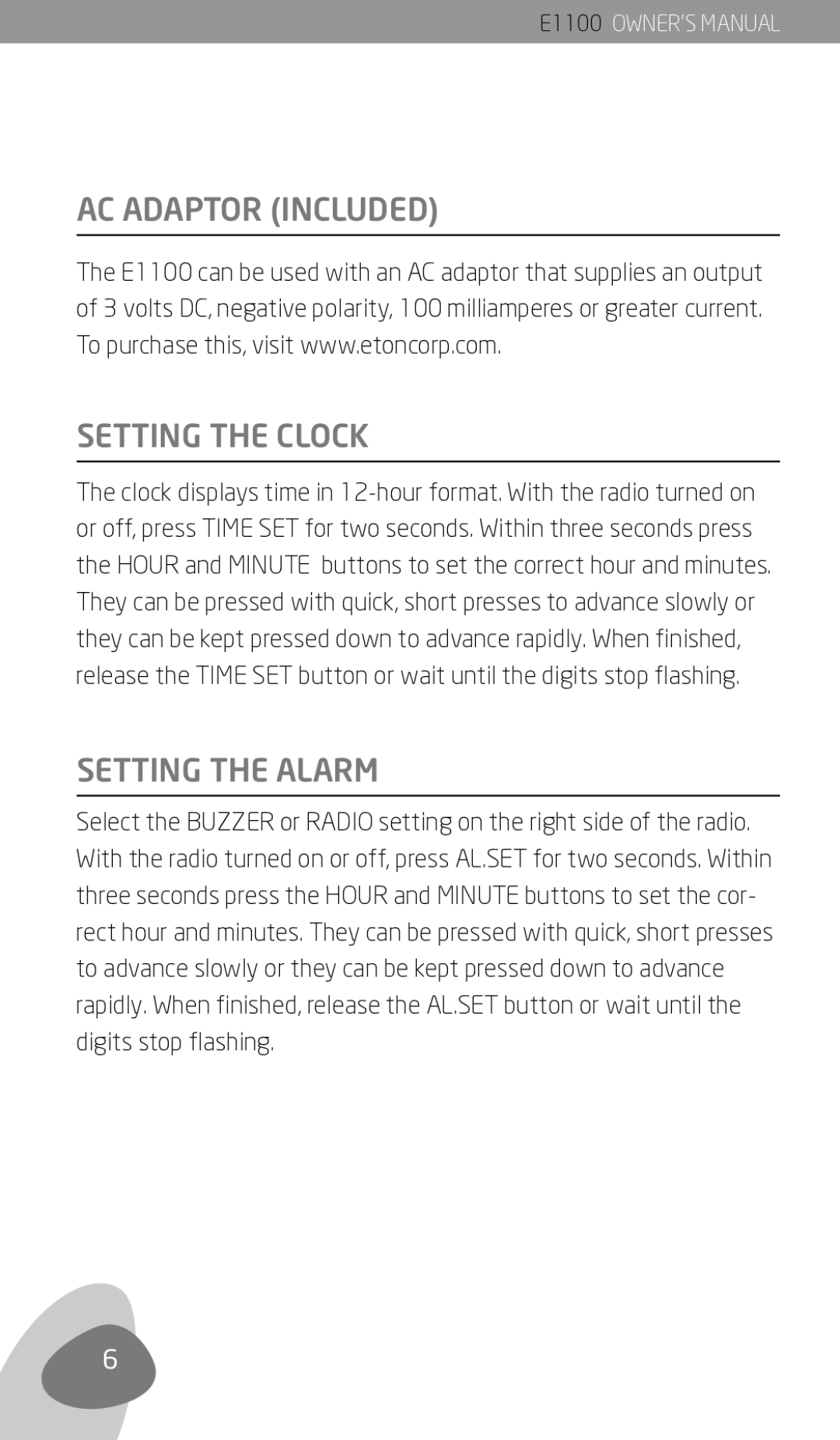 Eton E1100 owner manual AC Adaptor Included Setting the Clock, Setting the Alarm 