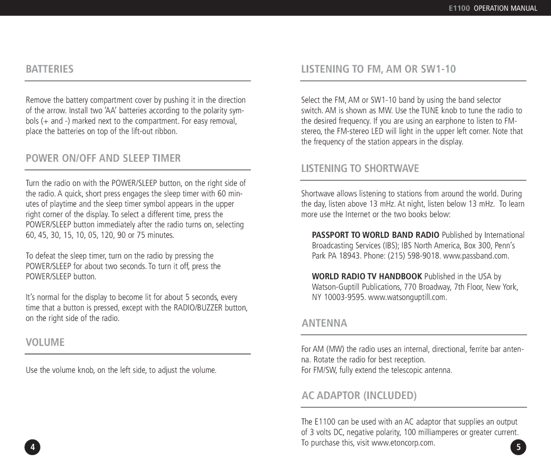 Eton E1100 Batteries, Power ON/OFF and Sleep Timer, Volume, Listening to FM, AM or SW1-10, Listening to Shortwave, Antenna 