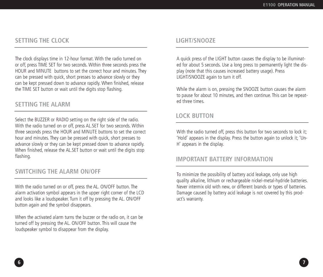 Eton E1100 operation manual Setting the Clock, Setting the Alarm, Switching the Alarm ON/OFF, Light/Snooze, Lock Button 