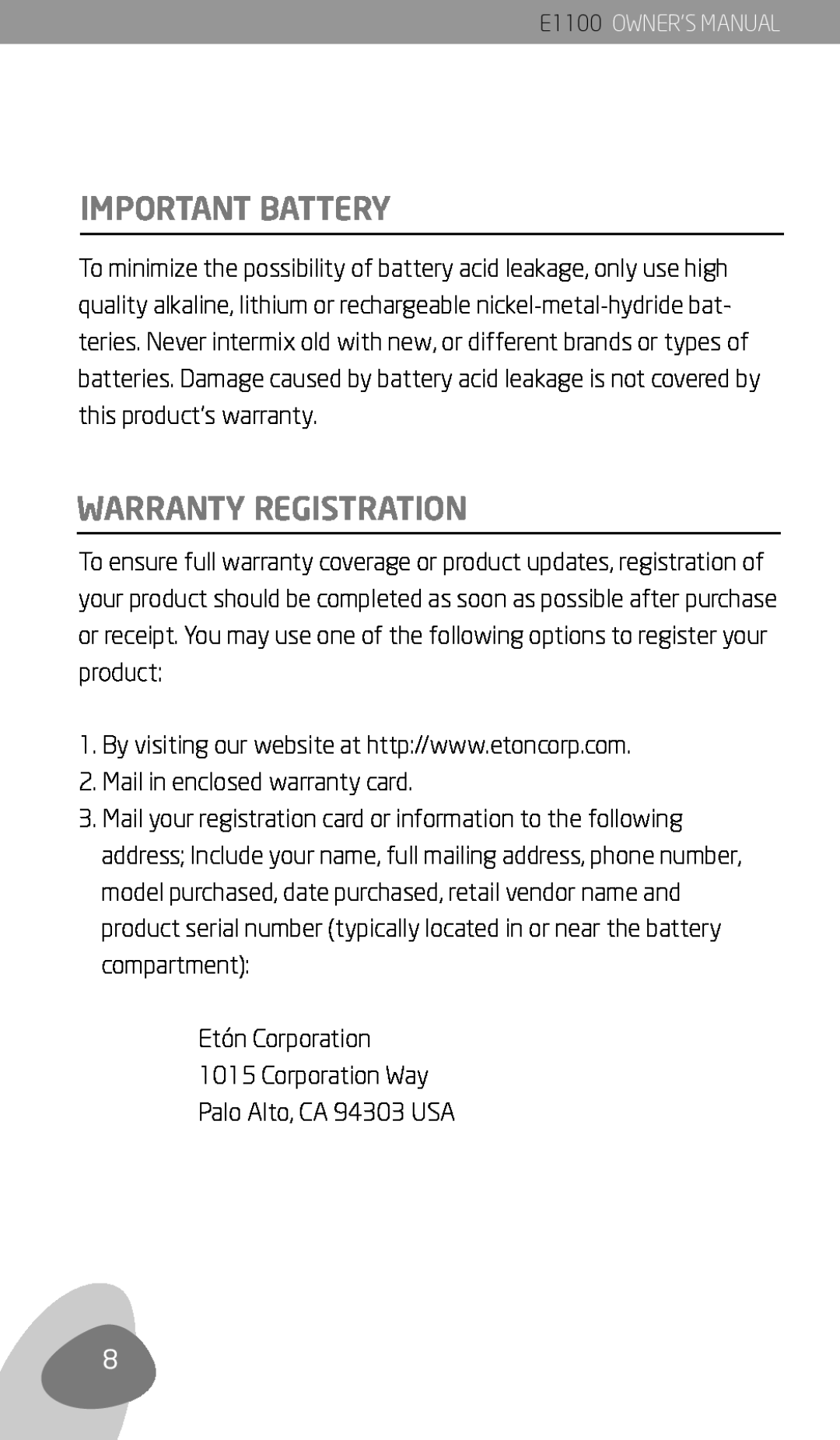 Eton E1100 owner manual Important Battery, Warranty Registration 
