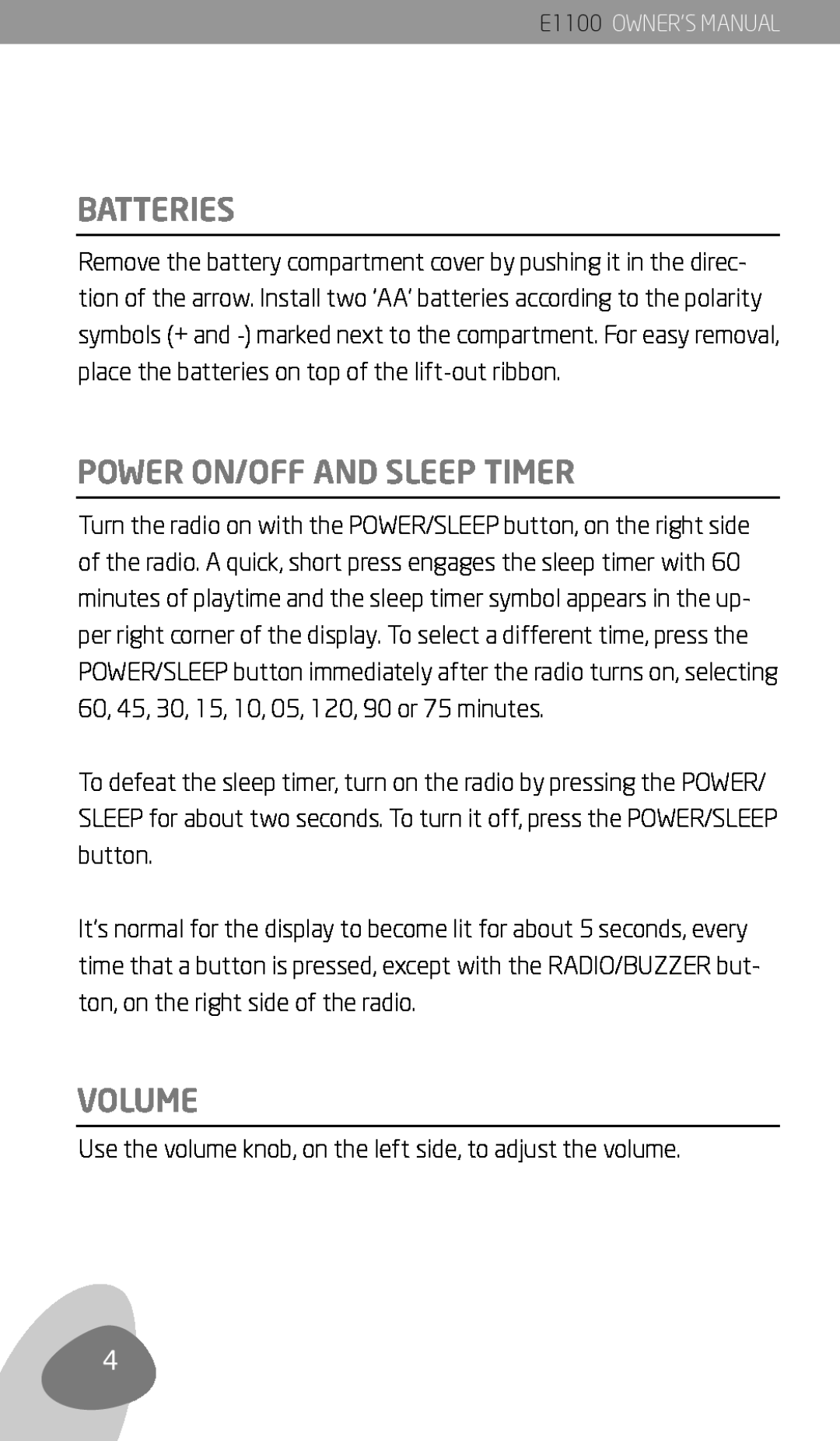 Eton E1100 owner manual Batteries, Power On/Off And Sleep Timer, Volume 