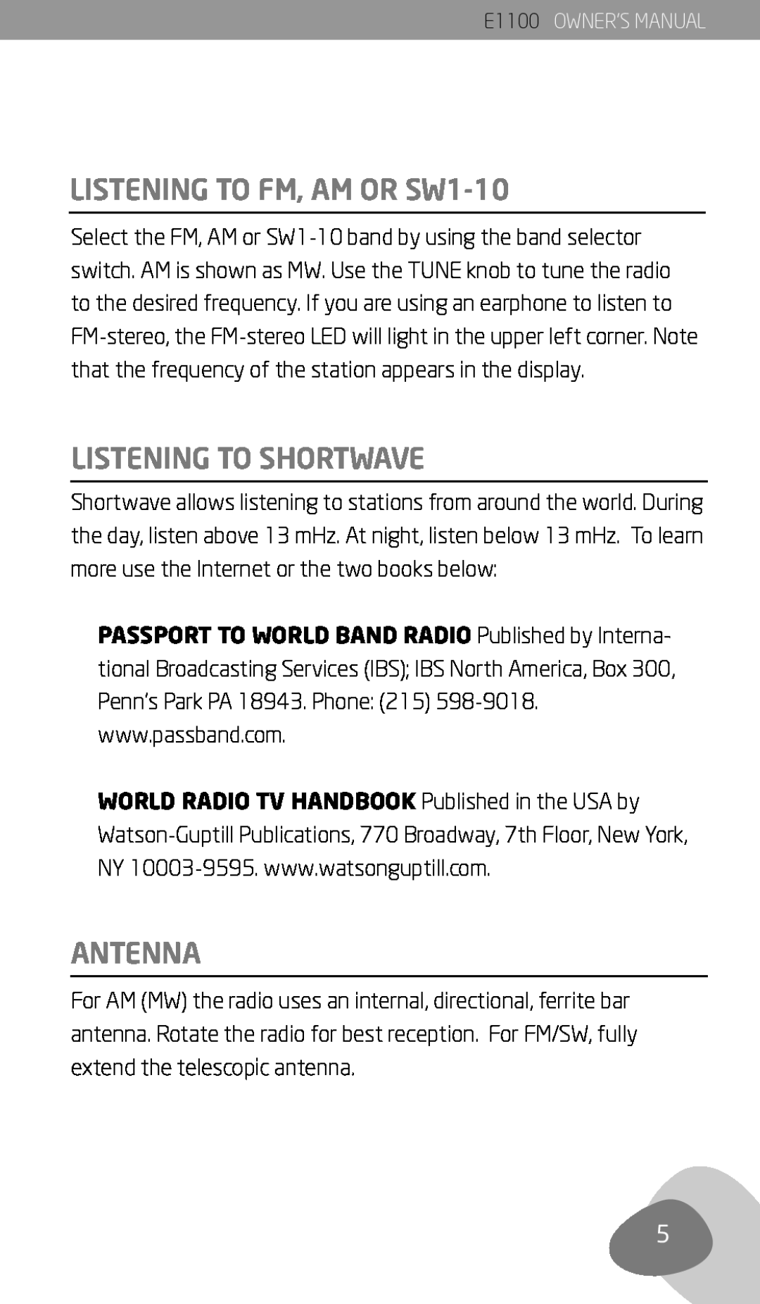 Eton E1100 owner manual LISTENING TO FM, AM OR SW1-10, Listening To Shortwave, Antenna 