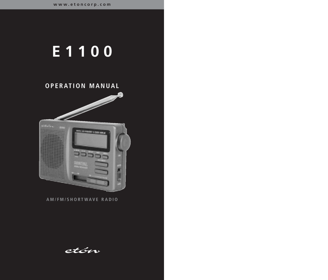 Eton E1100 operation manual www .e tonco rp .c om, O P Er Ati On M A Nu Al, Am/F M/ Sho Rtwa Ve Radi O 