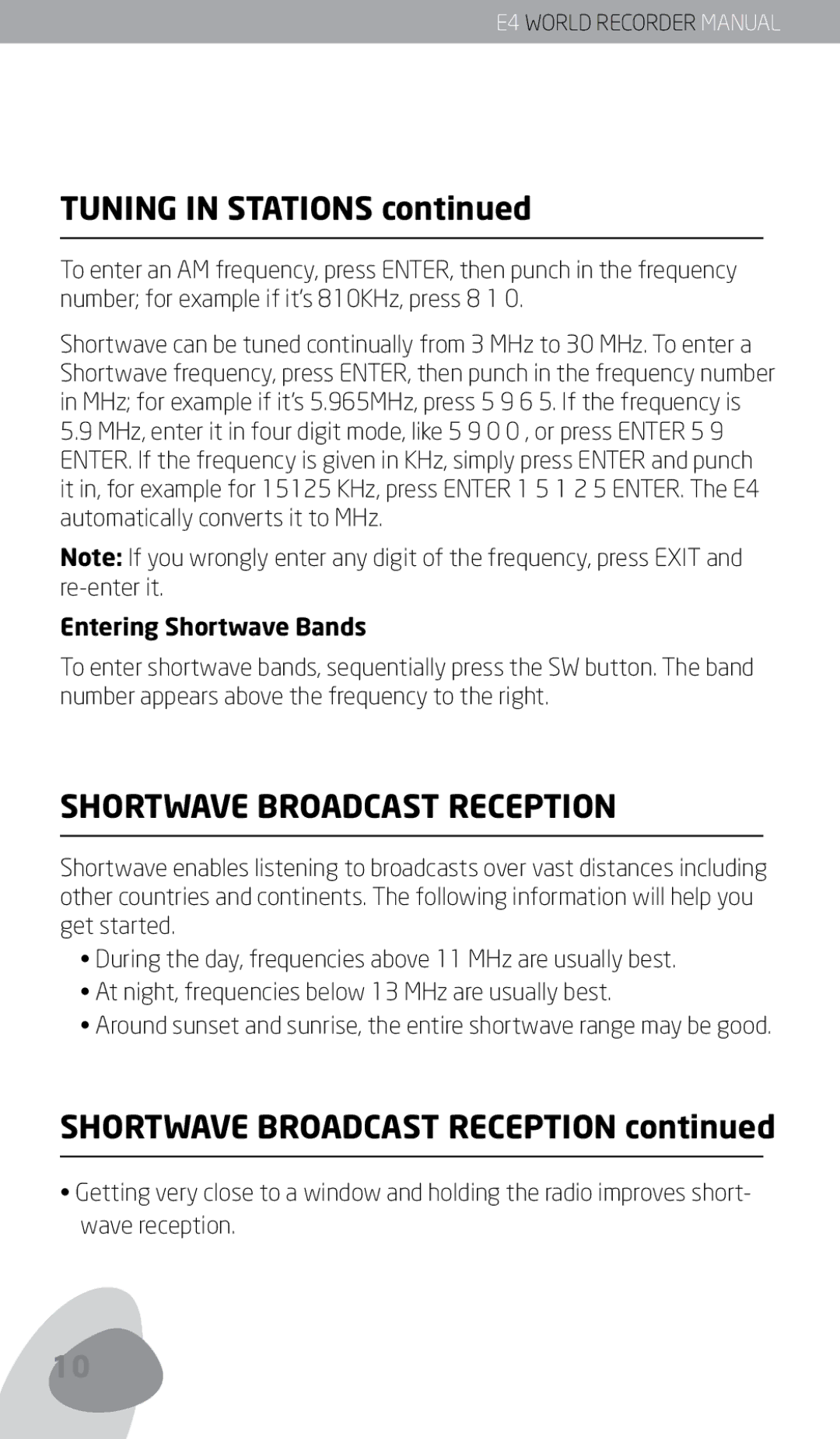 Eton E4 owner manual Tuning in Stations, Shortwave Broadcast Reception, Entering Shortwave Bands 