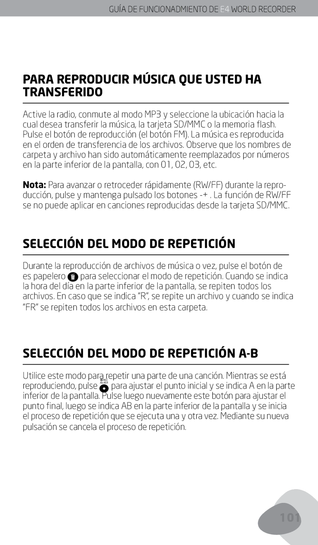 Eton E4 owner manual Para Reproducir Música QUE Usted HA Transferido, Selección DEL Modo DE Repetición 